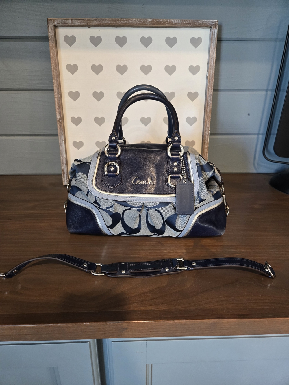 Coach Navy Signature Satchel with Removable Strap